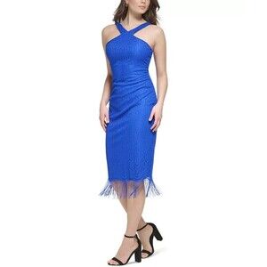GUESS Women's Fringe-Lace Sleeveless Party Midi Sheath Dress Royal Blue 14